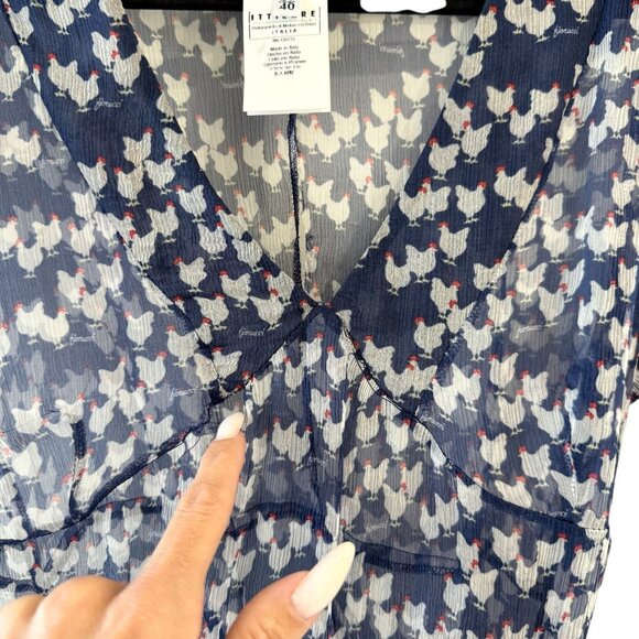 Fiorucci Novelty Chicken Print Sheer Silk Dress Puff Sleeves Tiered Size 8 READ - Picture 13 of 16